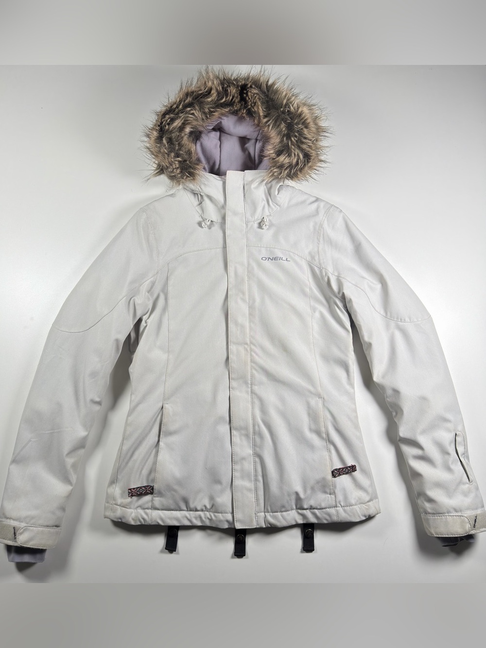 O’Neill Women’s Ski Jacket Size XS – Light Gray White with Faux Fur Hood 10K